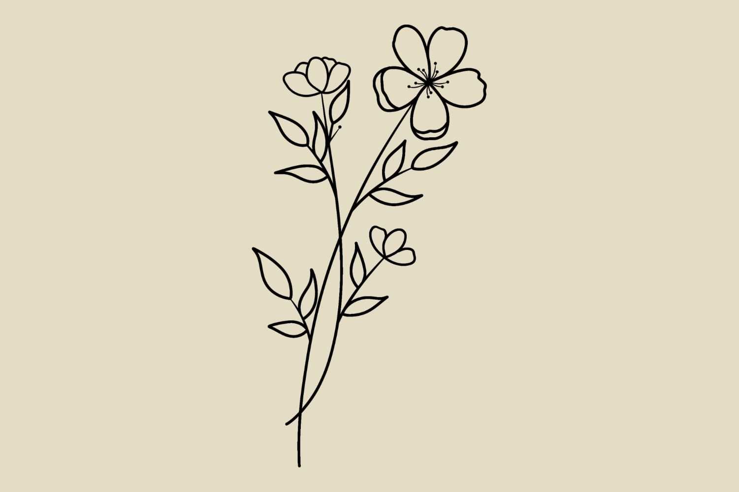 Simple line art of a floral stem with blossoms and leaves on a beige background.