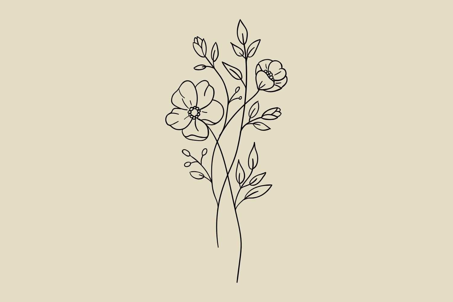 Elegant line drawing of flowers and leaves on a light beige background.