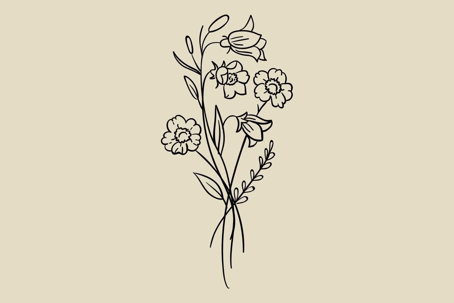 Outlined bouquet of flowers on beige background.