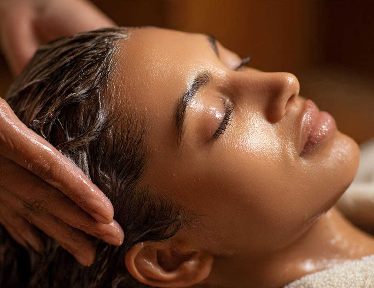 A person enjoying a relaxing head massage in a spa setting, eyes closed, serene expression.